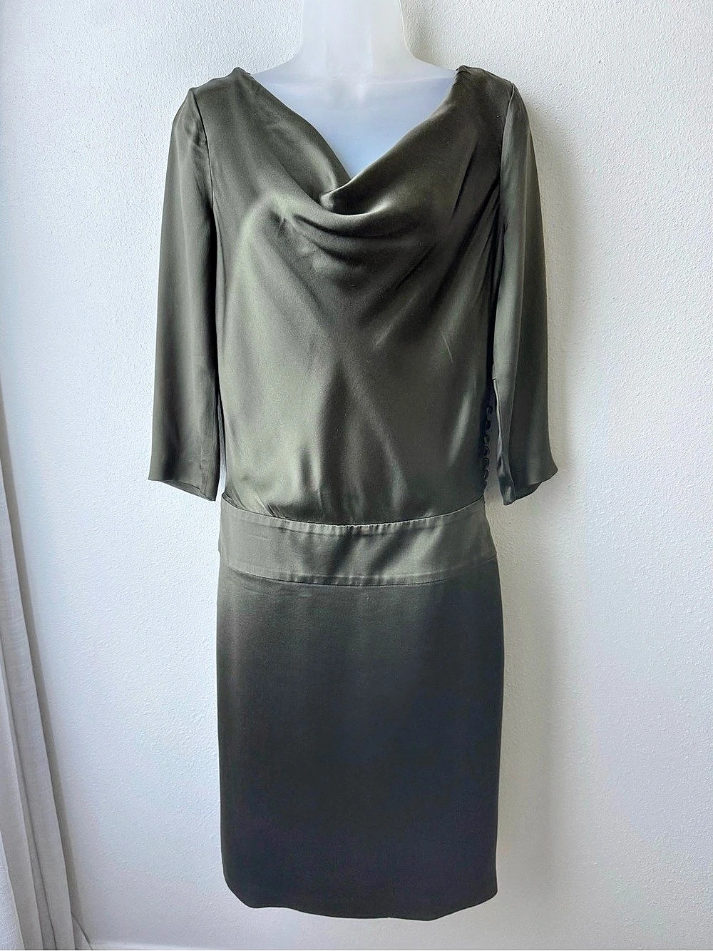Escada Silk Cowl Neck Dress Size 36 (US 4) Olive Green Sash Belt